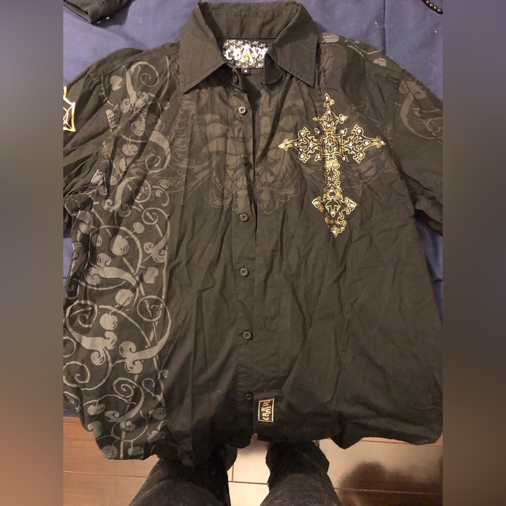 Crave Black Buttoned Shirt with Cross and Angel Wings